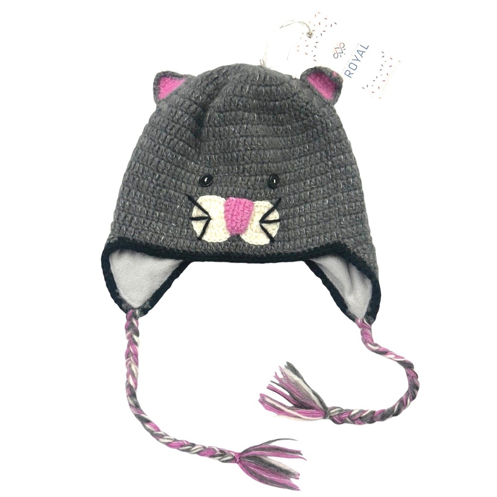 Royal Gray Knit Wool Cat Ear Hat Braided‎ Tassels NWT Y2K Cozy Wintercore Beanie